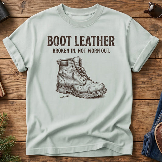 Not Worn Out Tee – broken-in hiking boot graphic tee, product photo 1