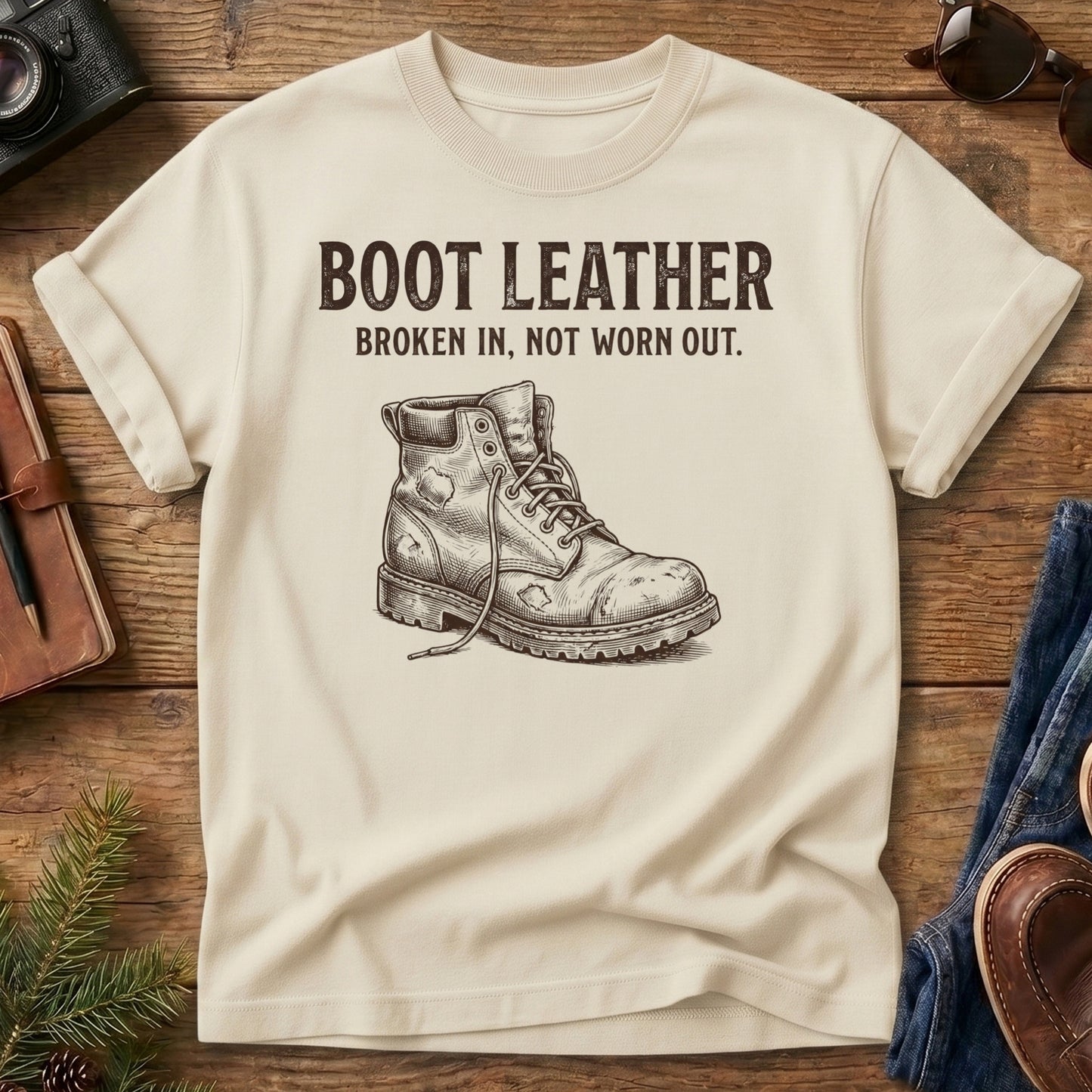 Not Worn Out Tee – broken-in hiking boot graphic tee, product photo 3
