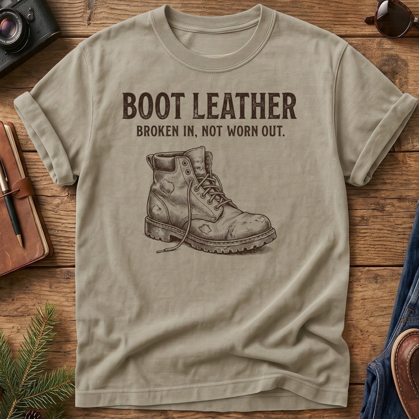 Not Worn Out Tee – broken-in hiking boot graphic tee, product photo 4