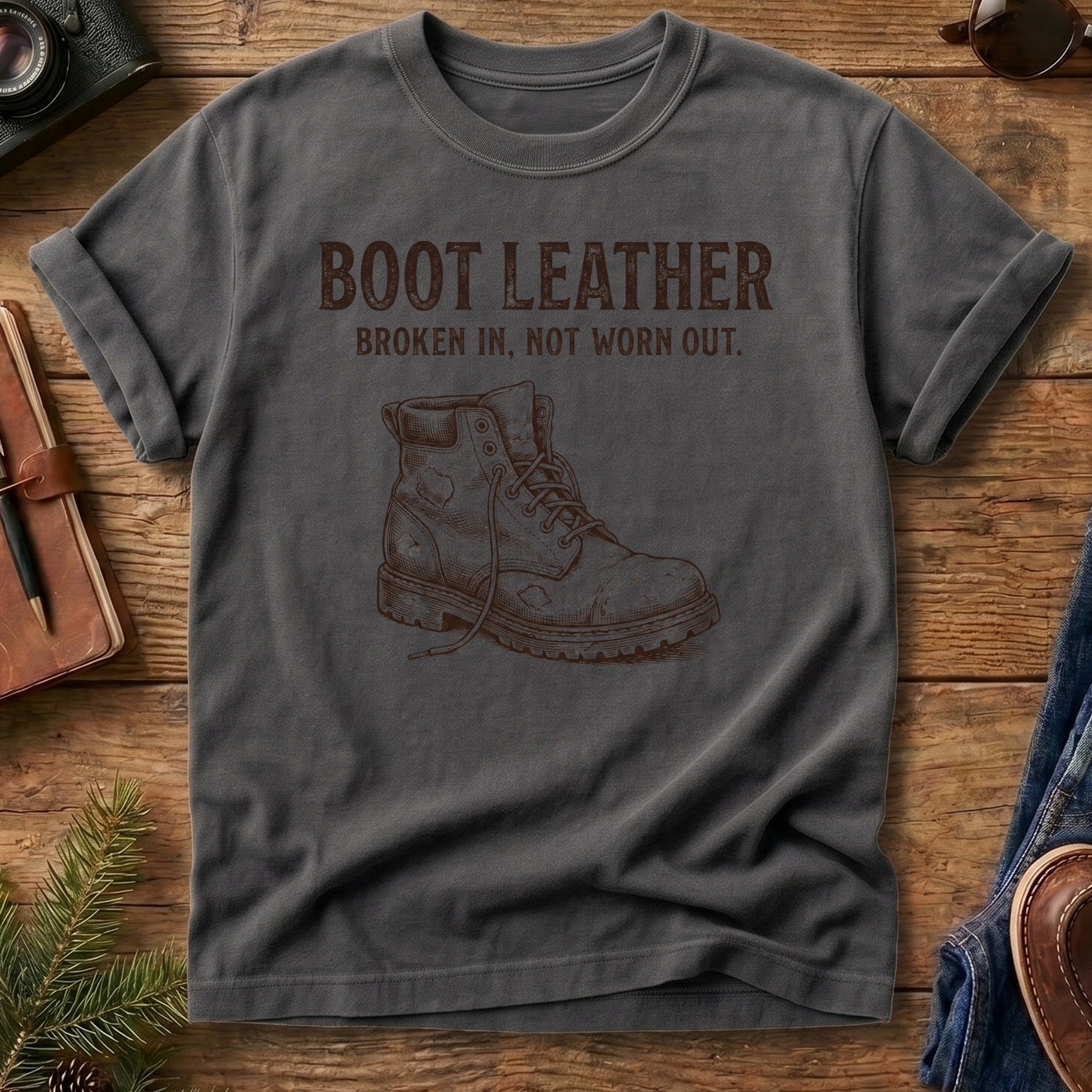 Not Worn Out Tee – broken-in hiking boot graphic tee, product photo 2