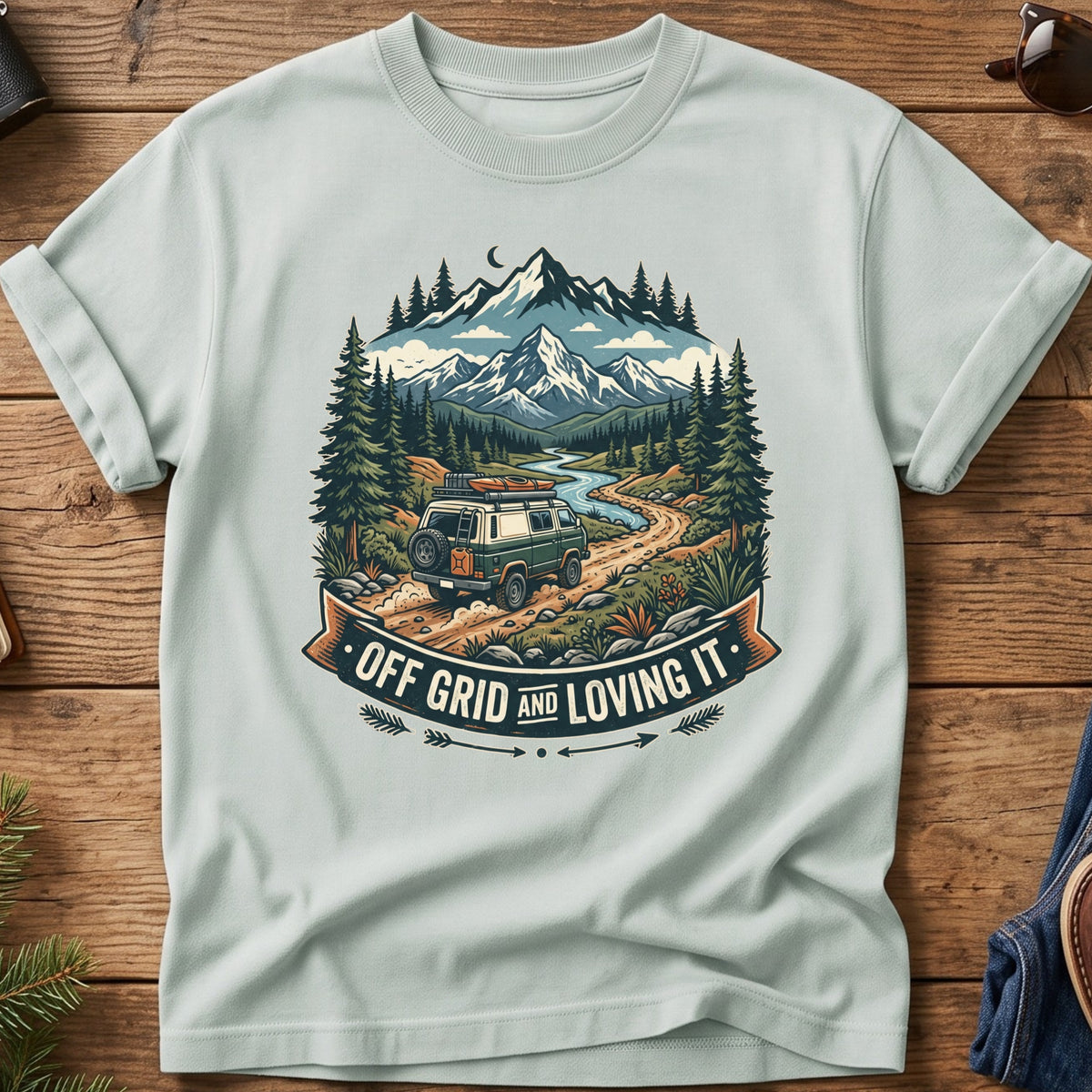 Off Grid and Loving It Tee – graphic tee design close-up