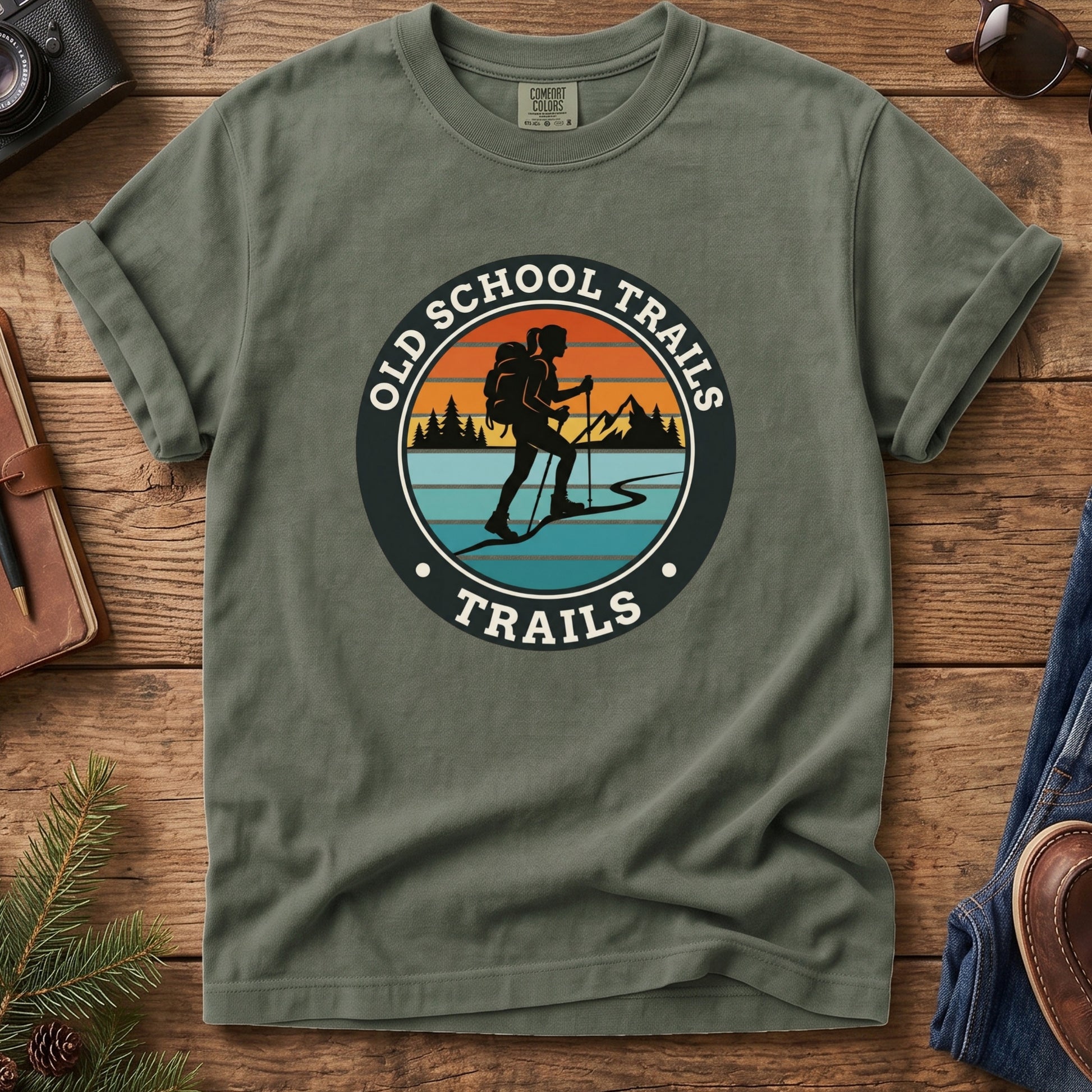 Old School Trails Heritage Tee – additional angle showing heritage trails print