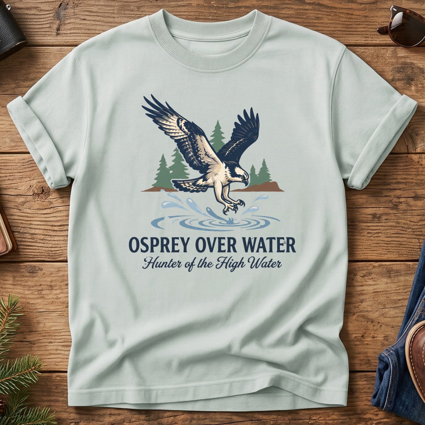Osprey Over Water Tee – osprey diving over water graphic tee in Bay, product photo 1