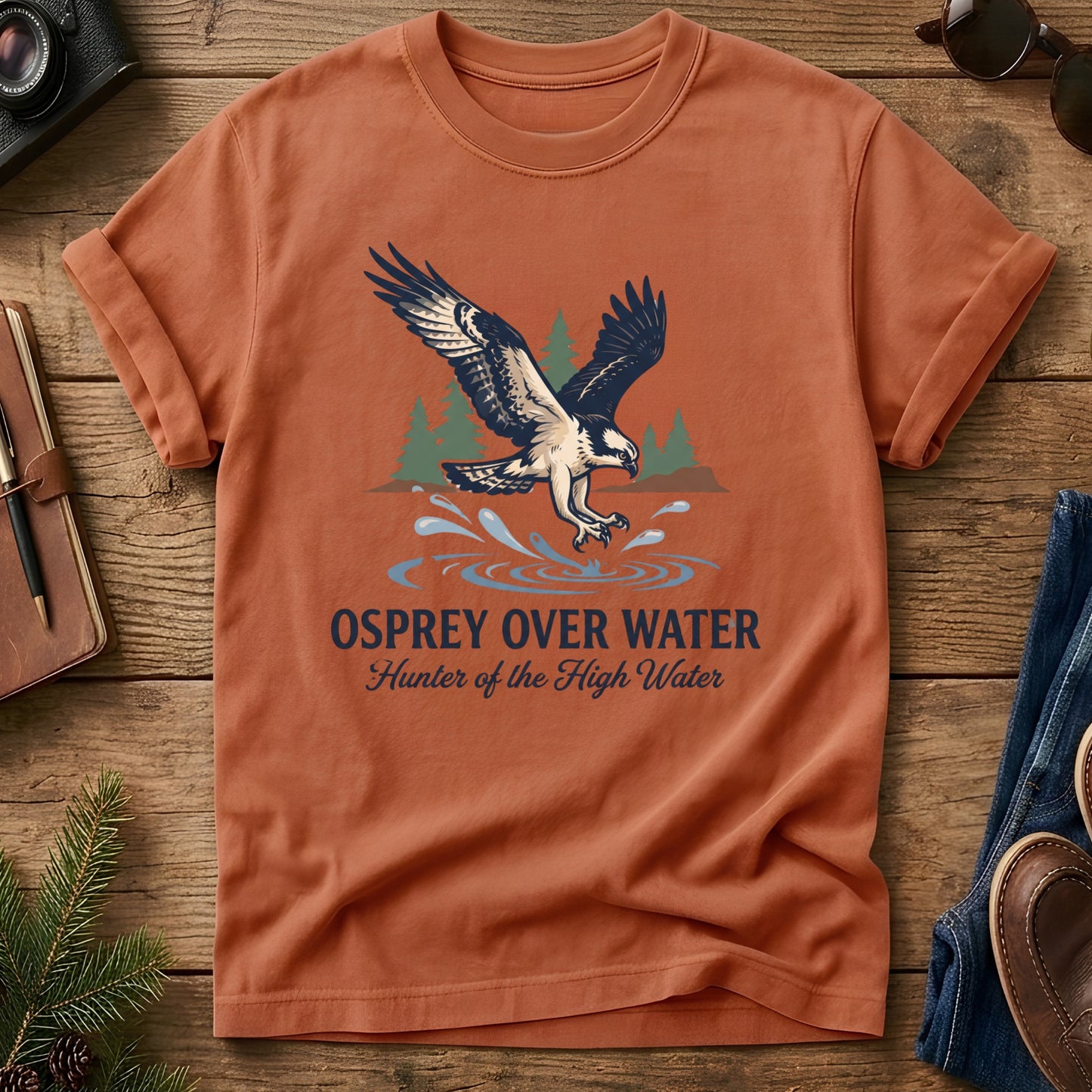 Osprey Over Water Tee – osprey diving over water graphic tee in Yam, product photo 7