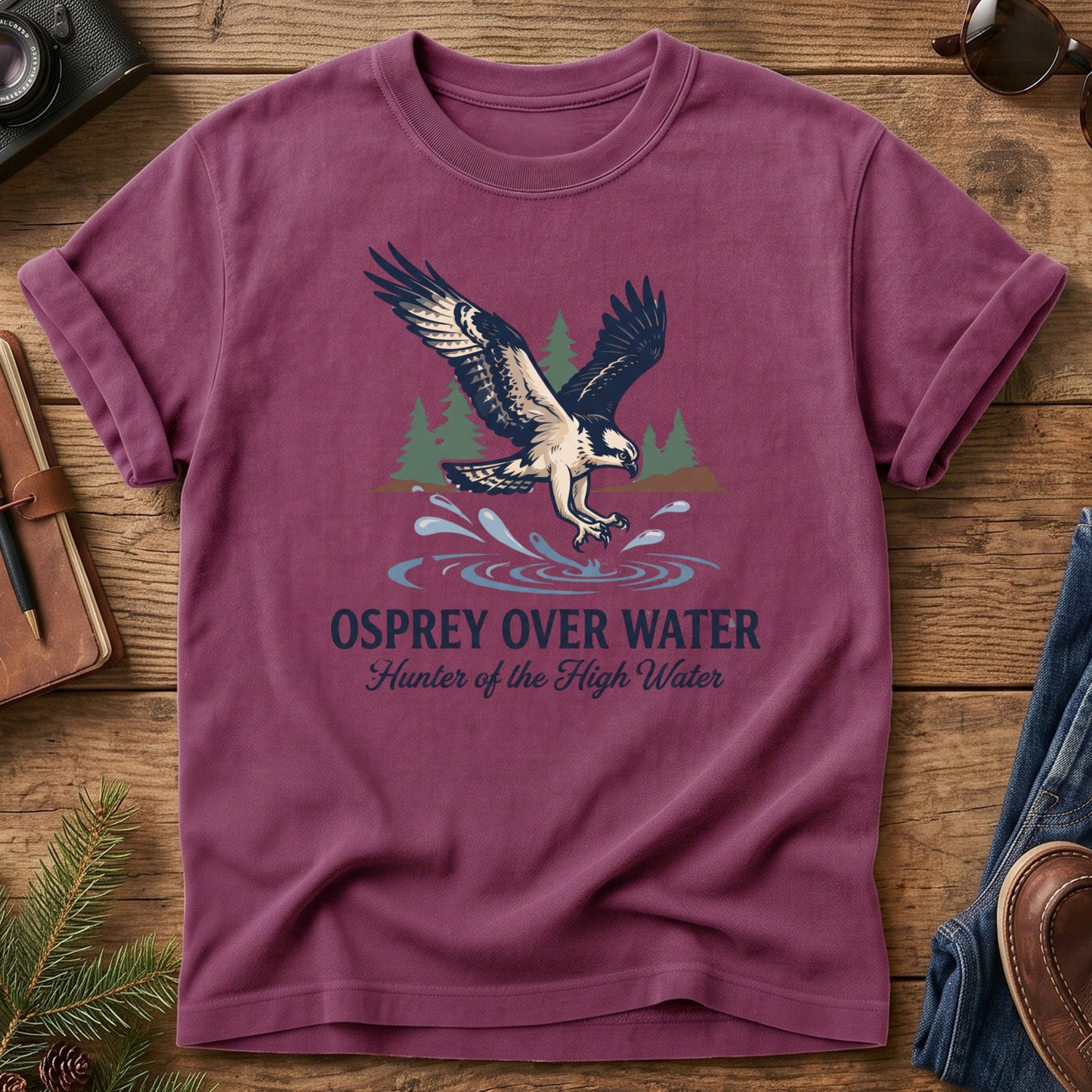 Osprey Over Water Tee – osprey diving over water graphic tee in Berry, product photo 2
