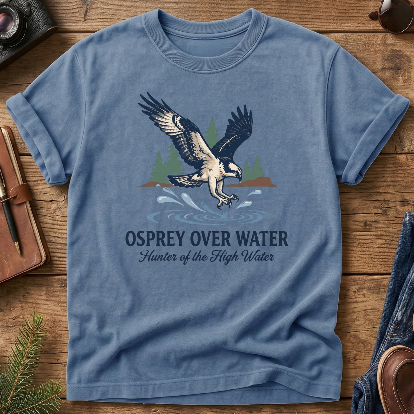Osprey Over Water Tee – osprey diving over water graphic tee in Blue Jean, product photo 3