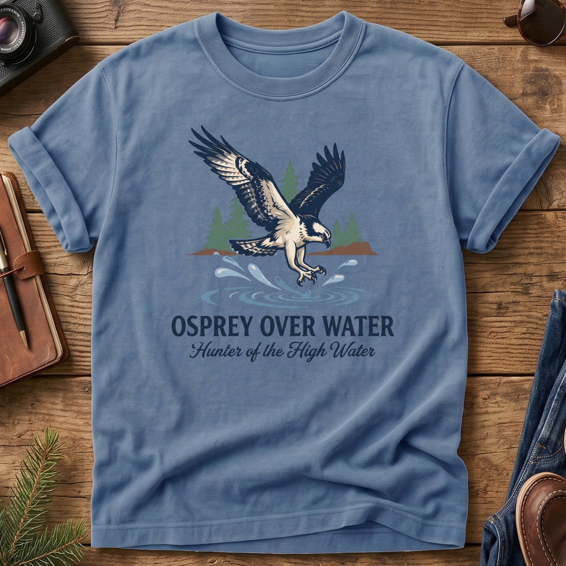 Osprey Over Water Tee – osprey diving over water graphic tee in Blue Jean, product photo 3