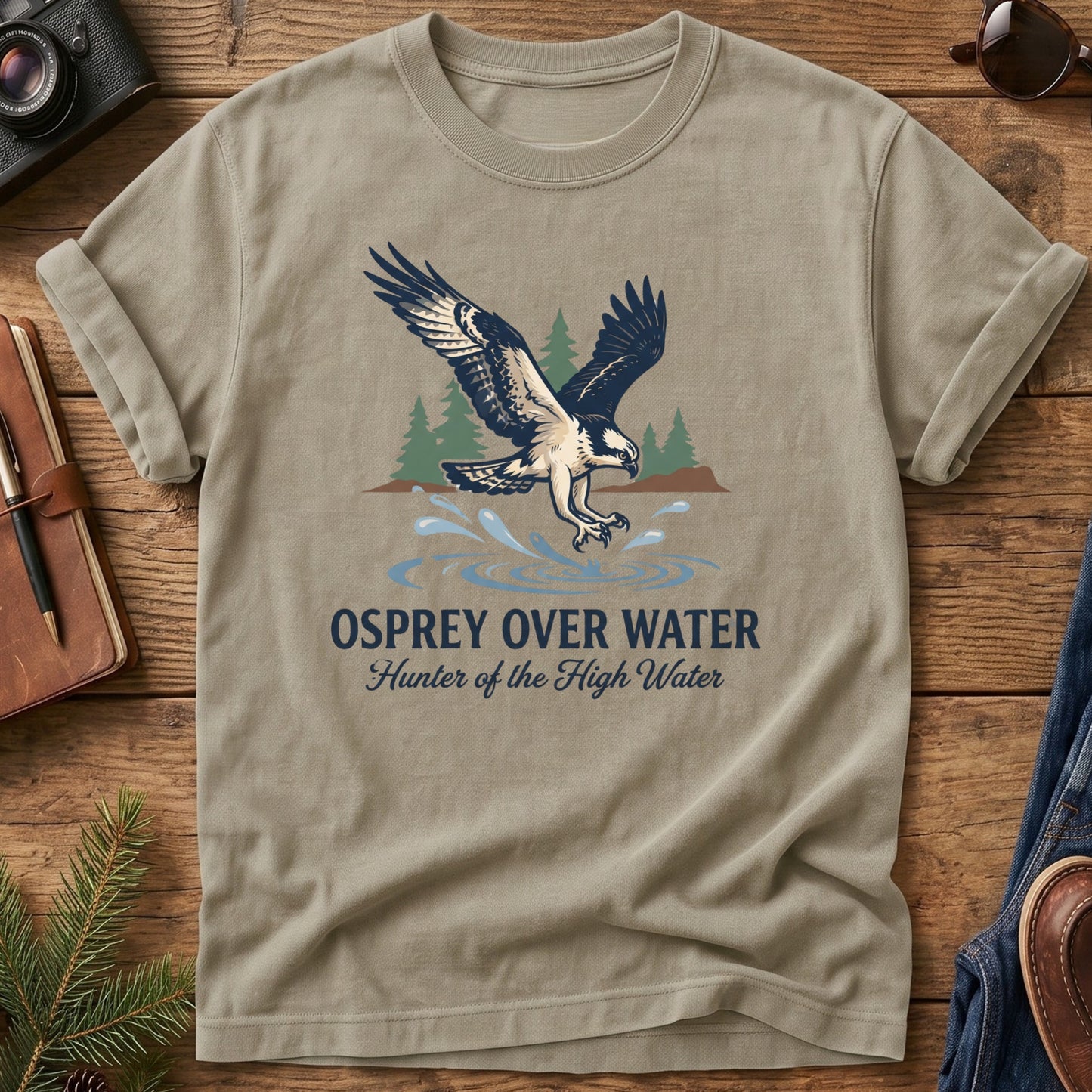 Osprey Over Water Tee – osprey diving over water graphic tee in Khaki, product photo 4