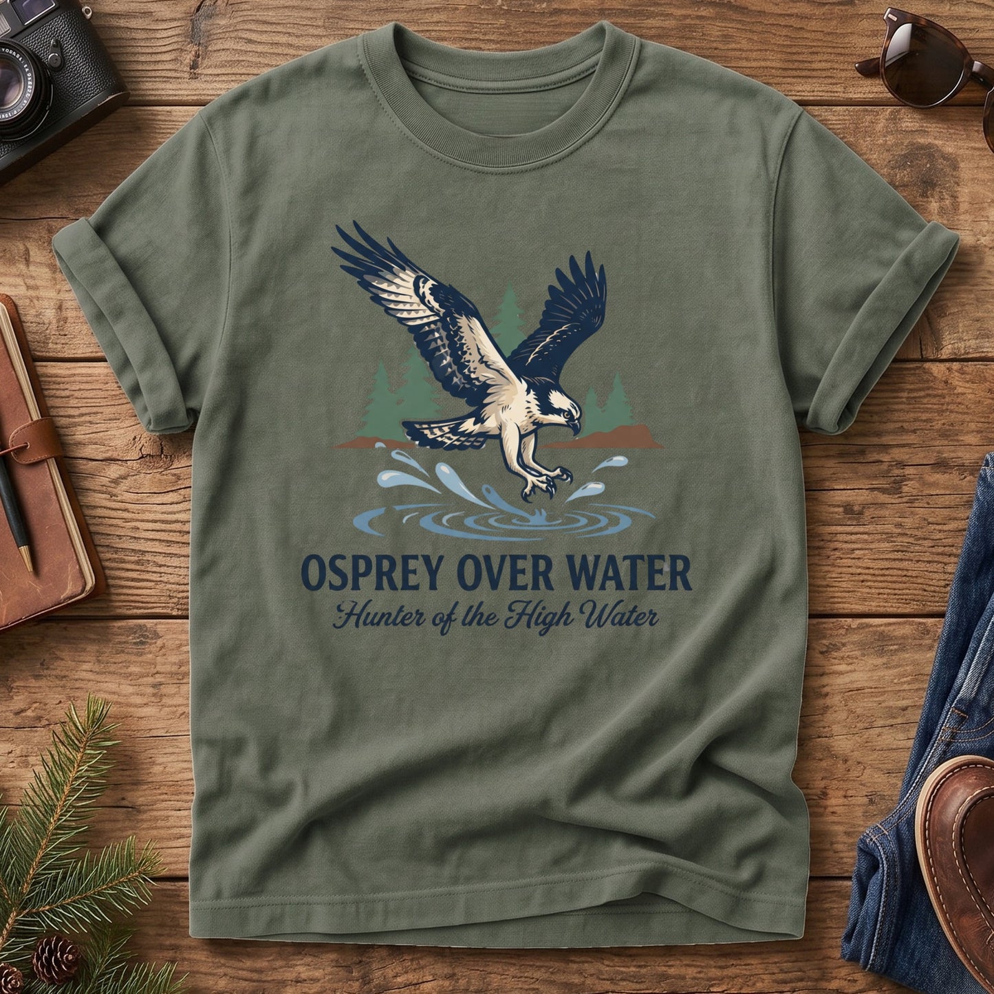 Osprey Over Water Tee – osprey diving over water graphic tee in Moss, product photo 5