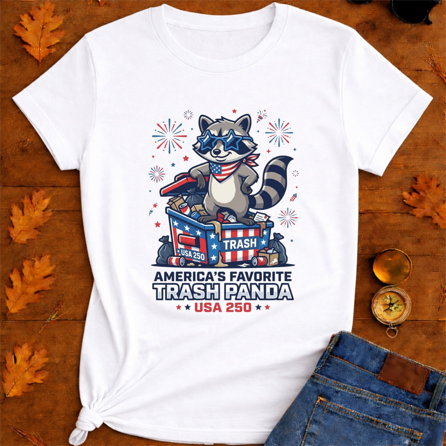 Patriotic Raccoon T-Shirt — “America’s Favorite Trash Panda – USA 250”