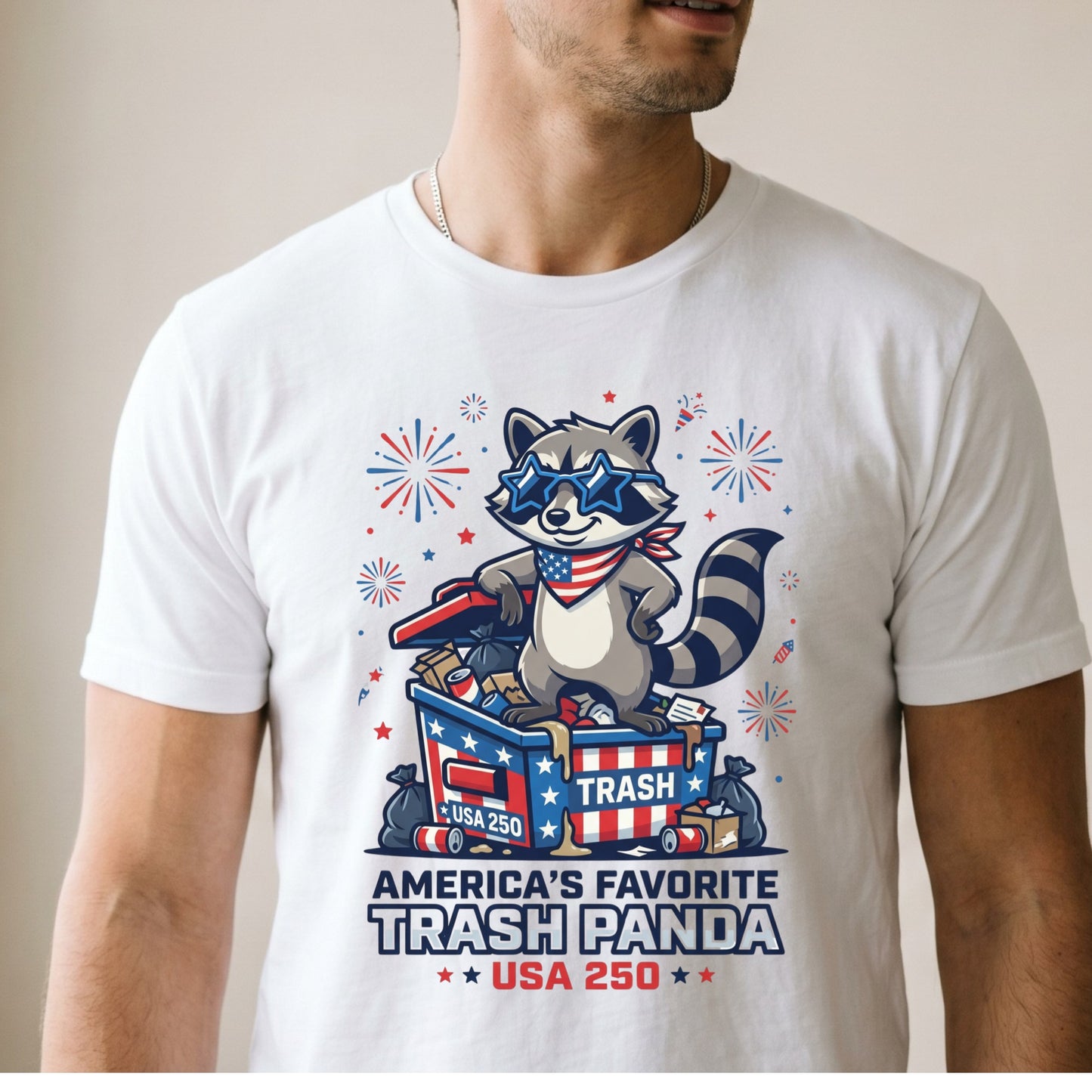 Patriotic Raccoon T-Shirt — “America’s Favorite Trash Panda – USA 250”