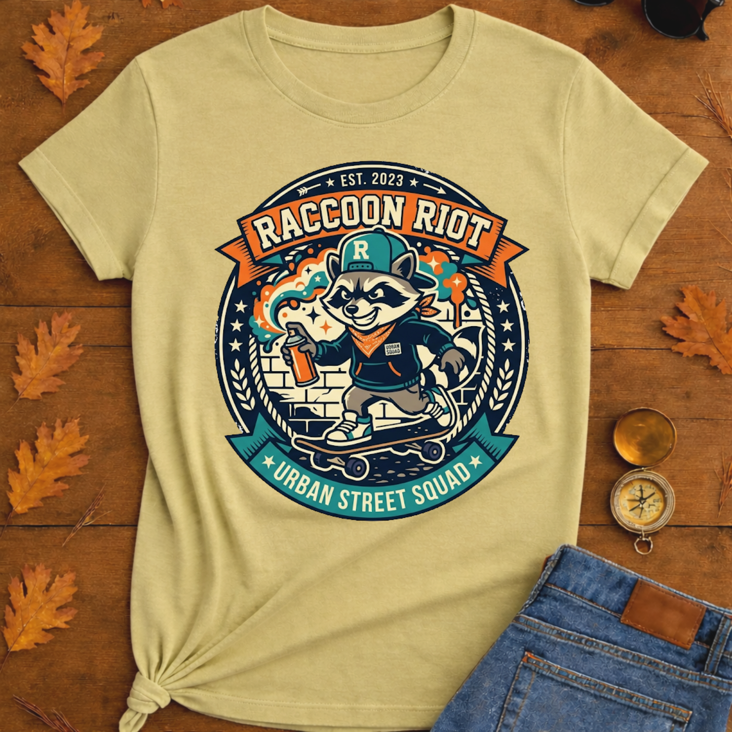 Raccoon Skate Crew T-Shirt — "R" Streetwear Badge Graphic