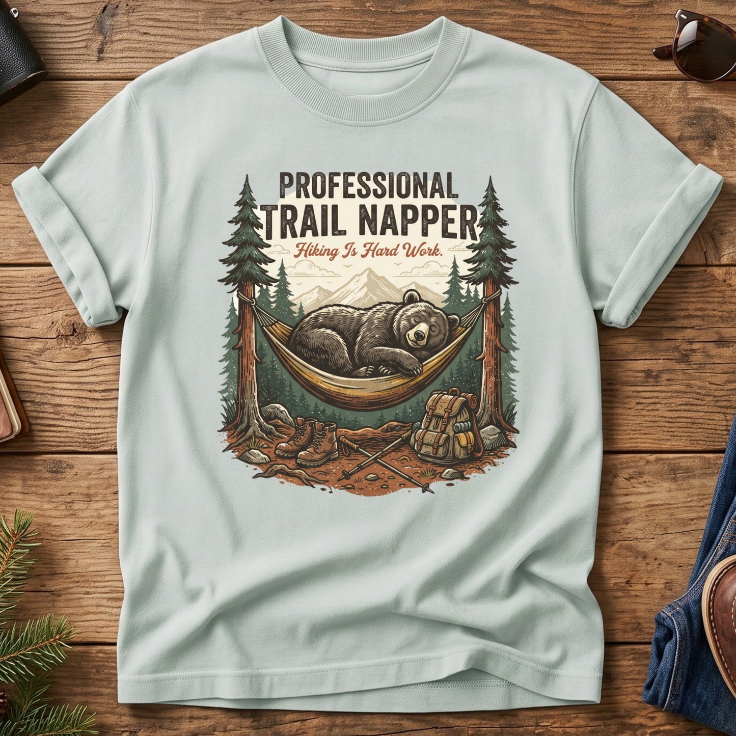 Professional Trail Napper Tee – Bay flat lay, napping bear graphic