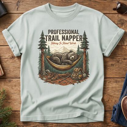 Professional Trail Napper Tee – Bay flat lay, napping bear graphic
