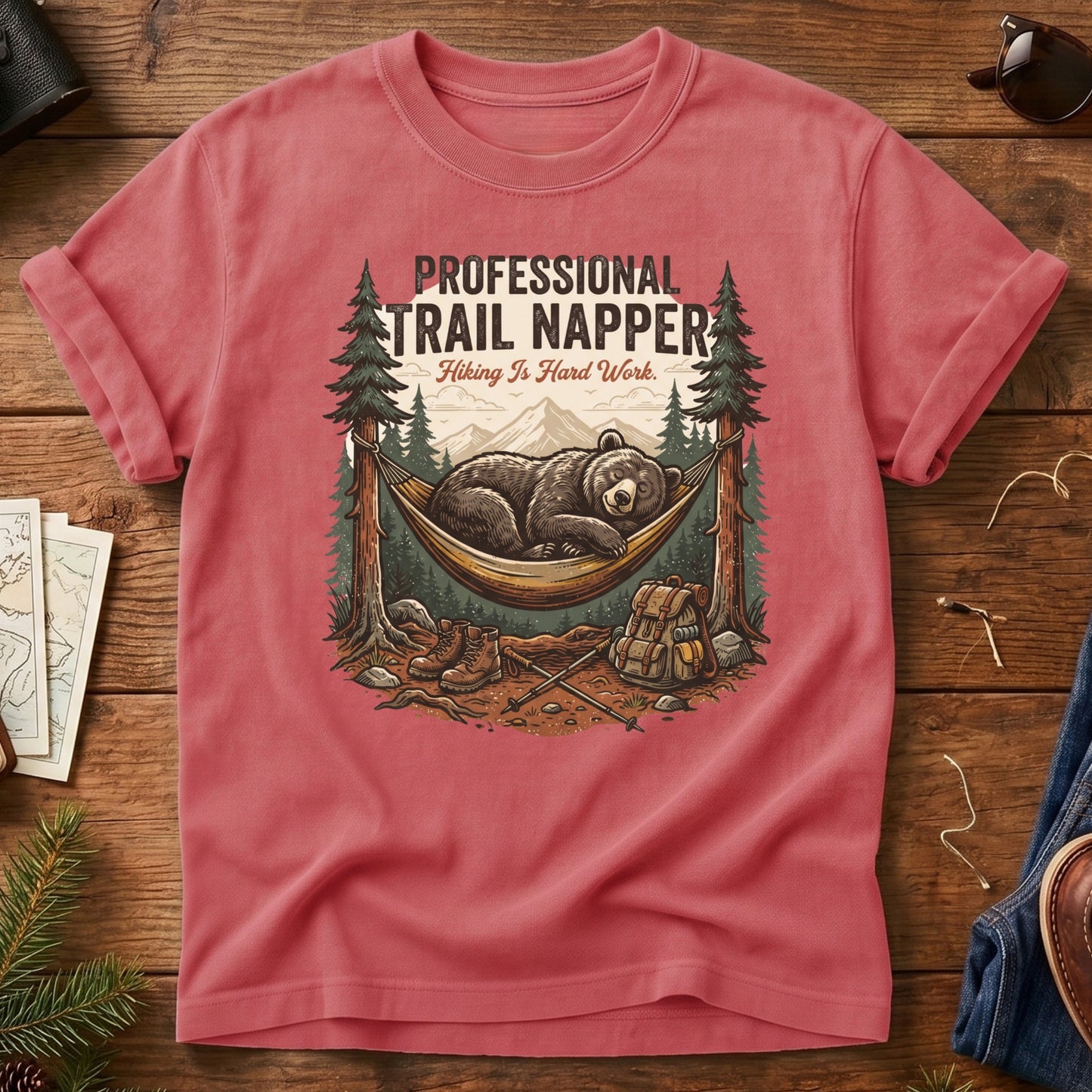 Professional Trail Napper Tee – styled flat lay, napping bear graphic