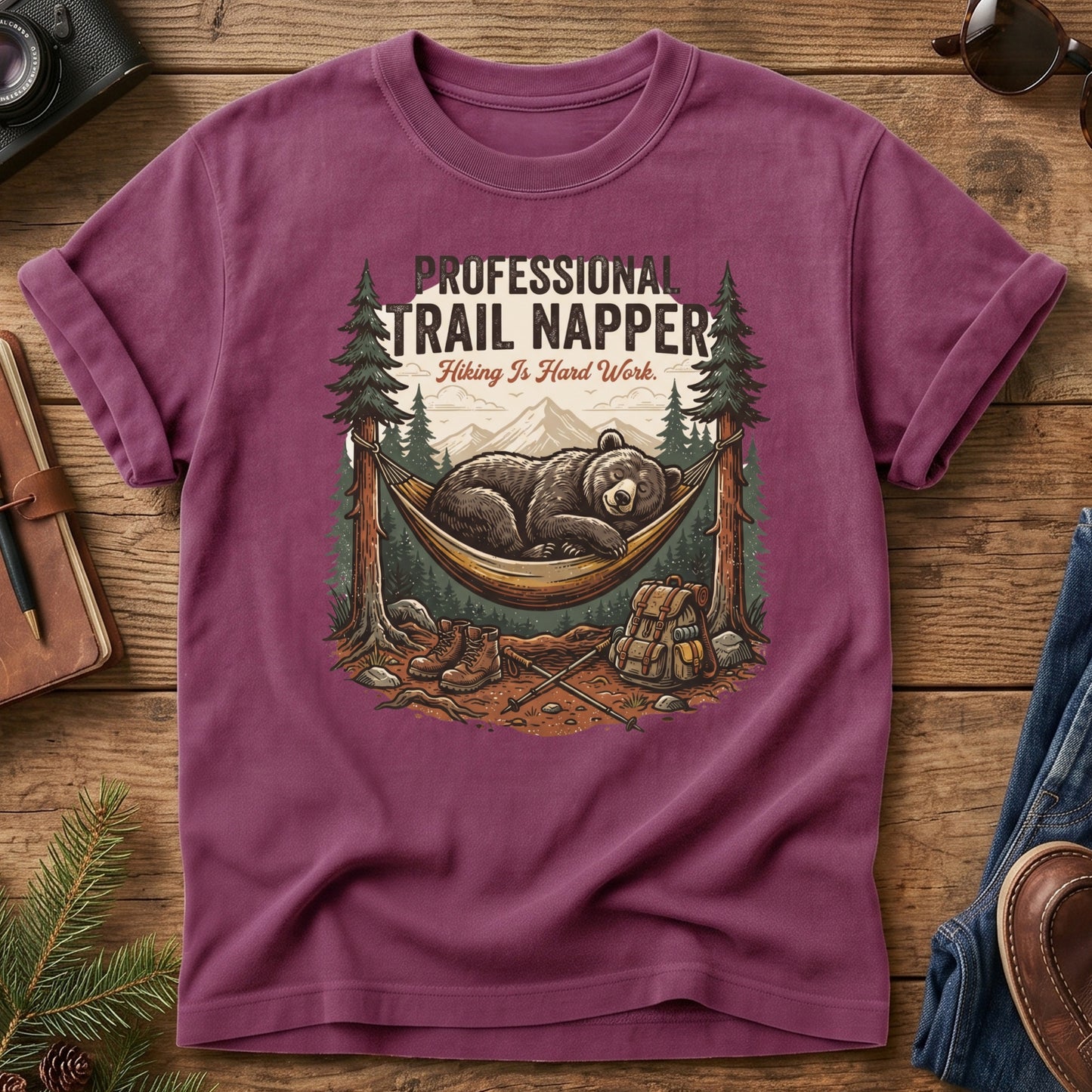 Professional Trail Napper Tee – Berry flat lay, napping bear graphic