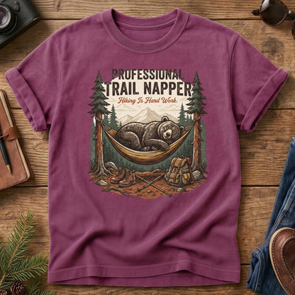 Professional Trail Napper Tee – Berry flat lay, napping bear graphic