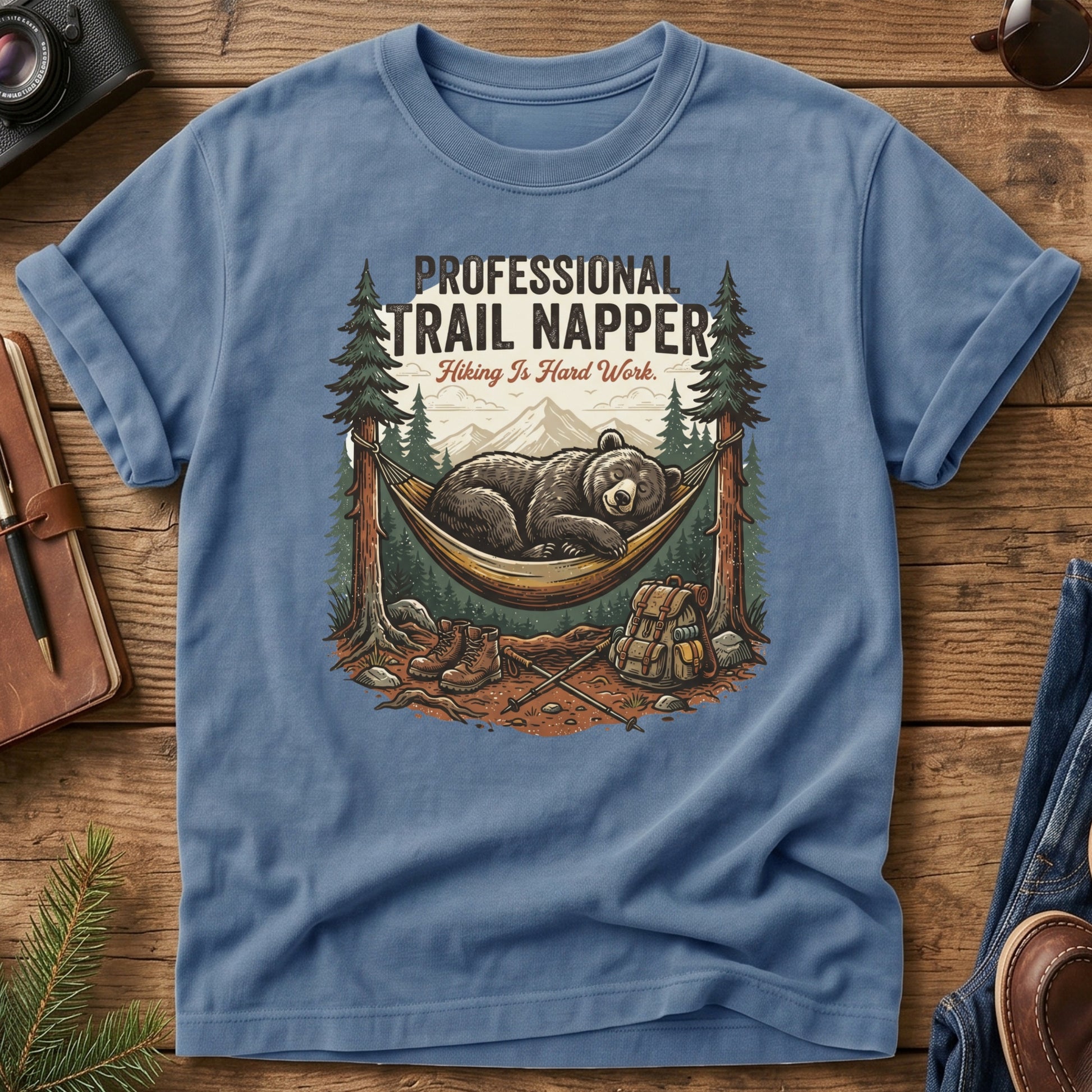 Professional Trail Napper Tee – Blue Jean flat lay, napping bear graphic