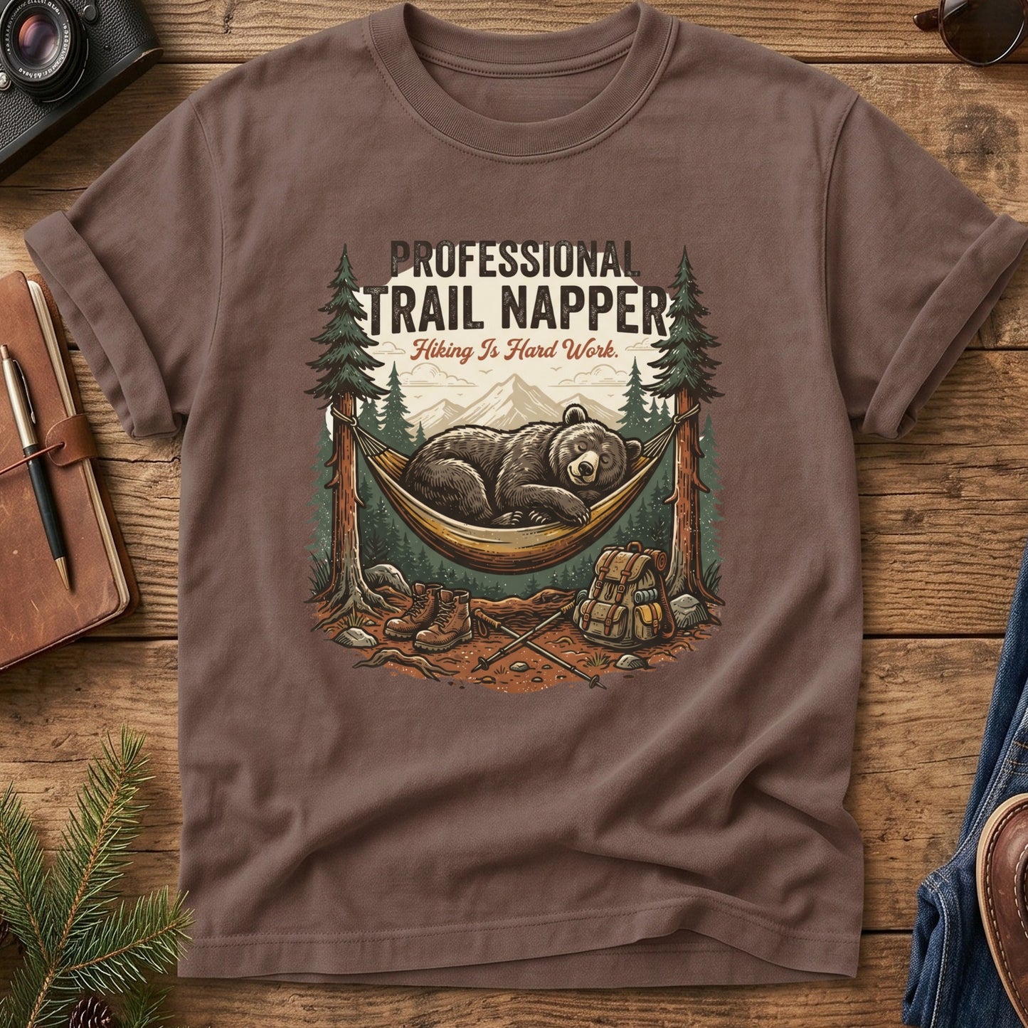 Professional Trail Napper Tee – styled flat lay, napping bear graphic