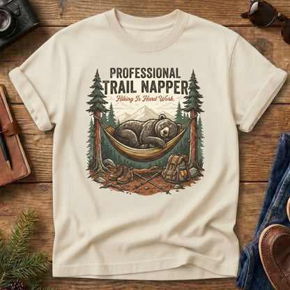 Professional Trail Napper Tee – styled flat lay, napping bear graphic