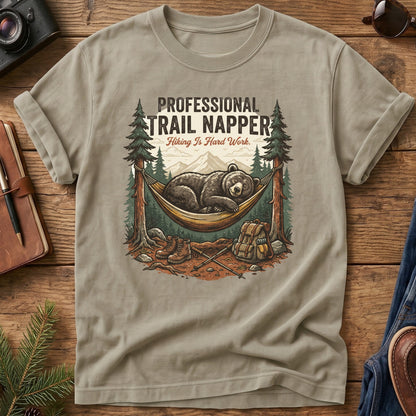 Professional Trail Napper Tee – styled flat lay, napping bear graphic