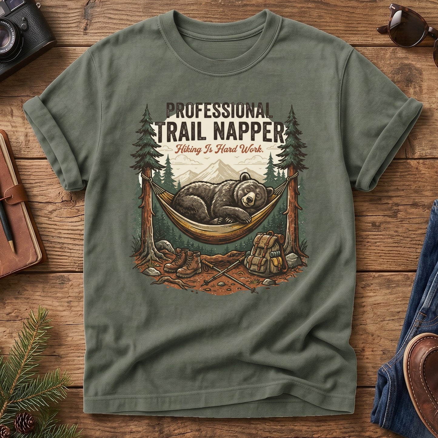 Professional Trail Napper Tee – styled flat lay, napping bear graphic