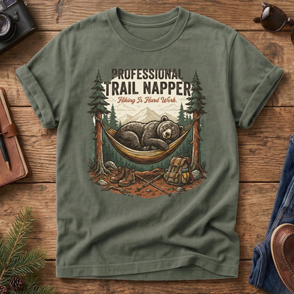 Professional Trail Napper Tee – styled flat lay, napping bear graphic