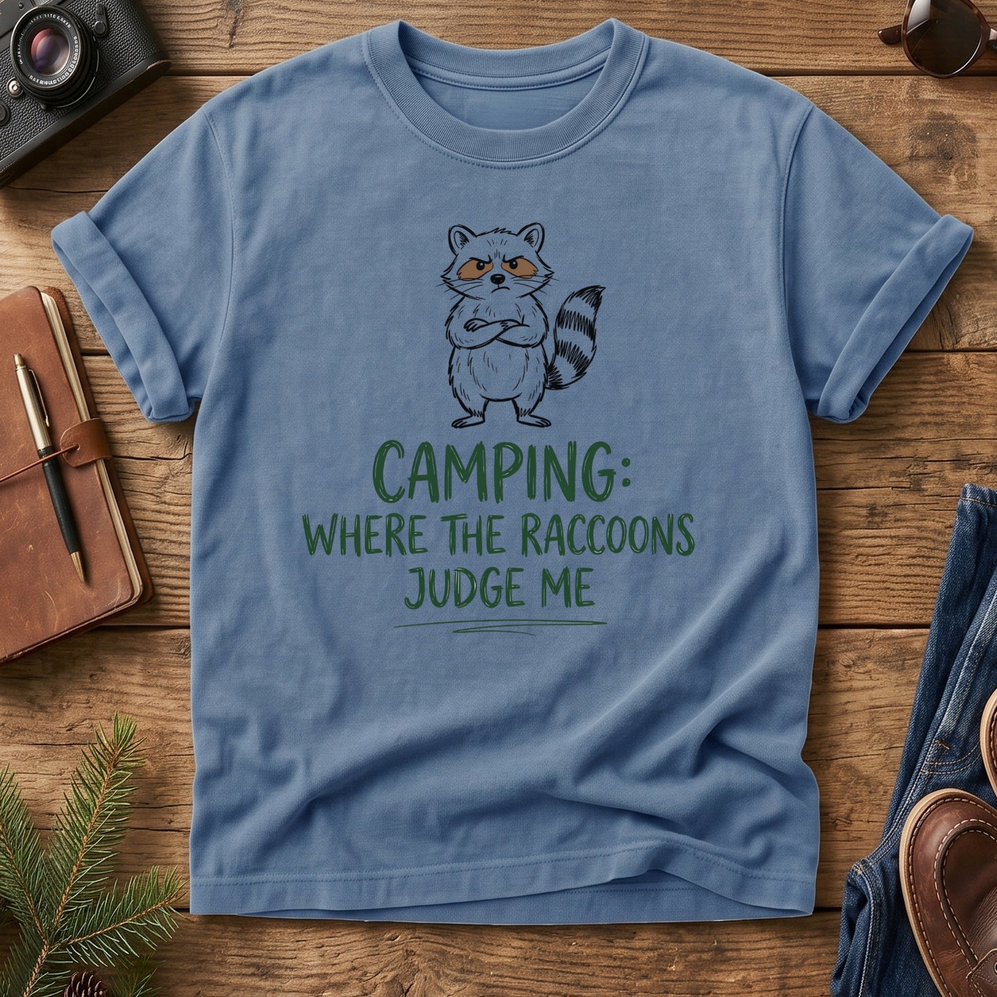 Raccoon Camping Humor Tee – close-up of the print detail