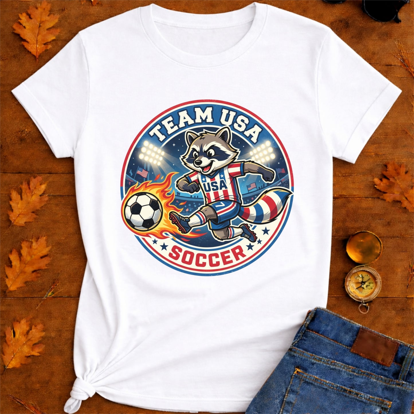 Raccoon USA Soccer T-Shirt — Retro Sports Badge