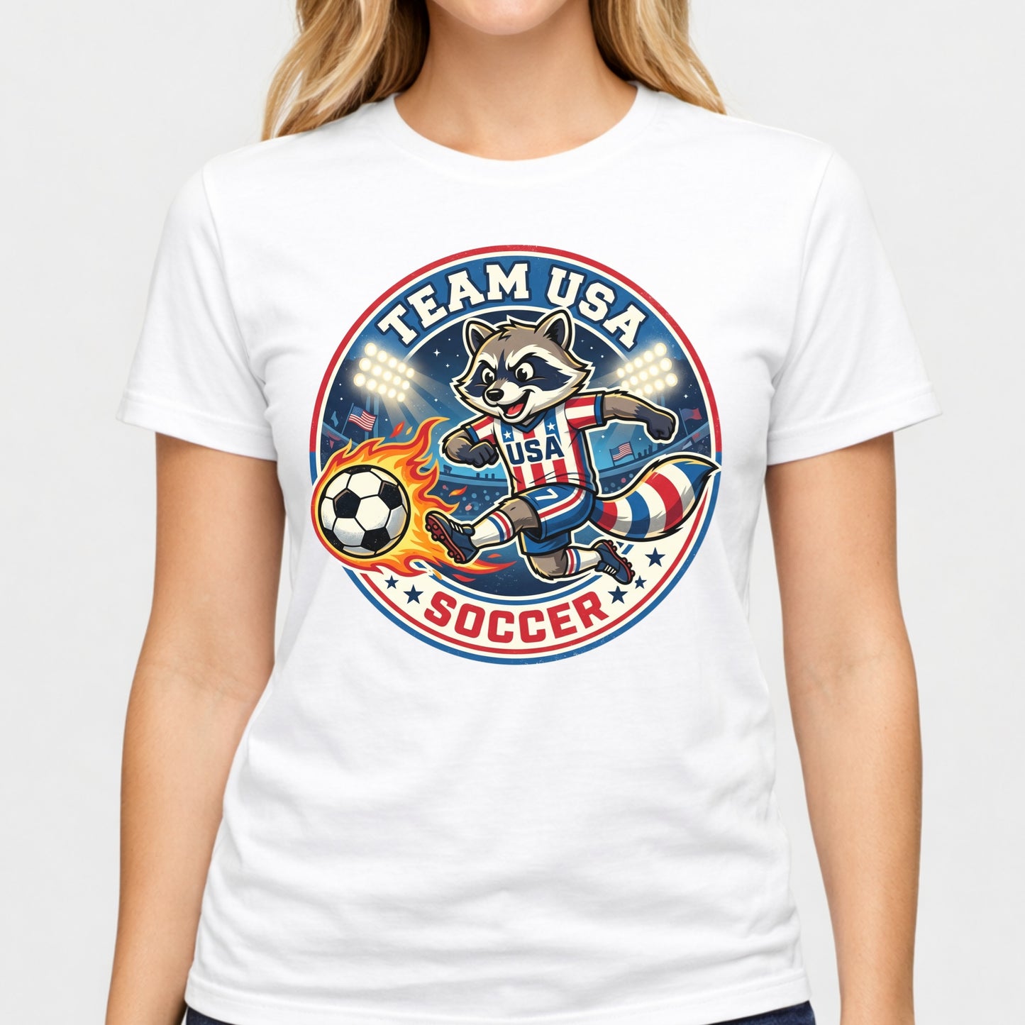 Raccoon USA Soccer T-Shirt — Retro Sports Badge