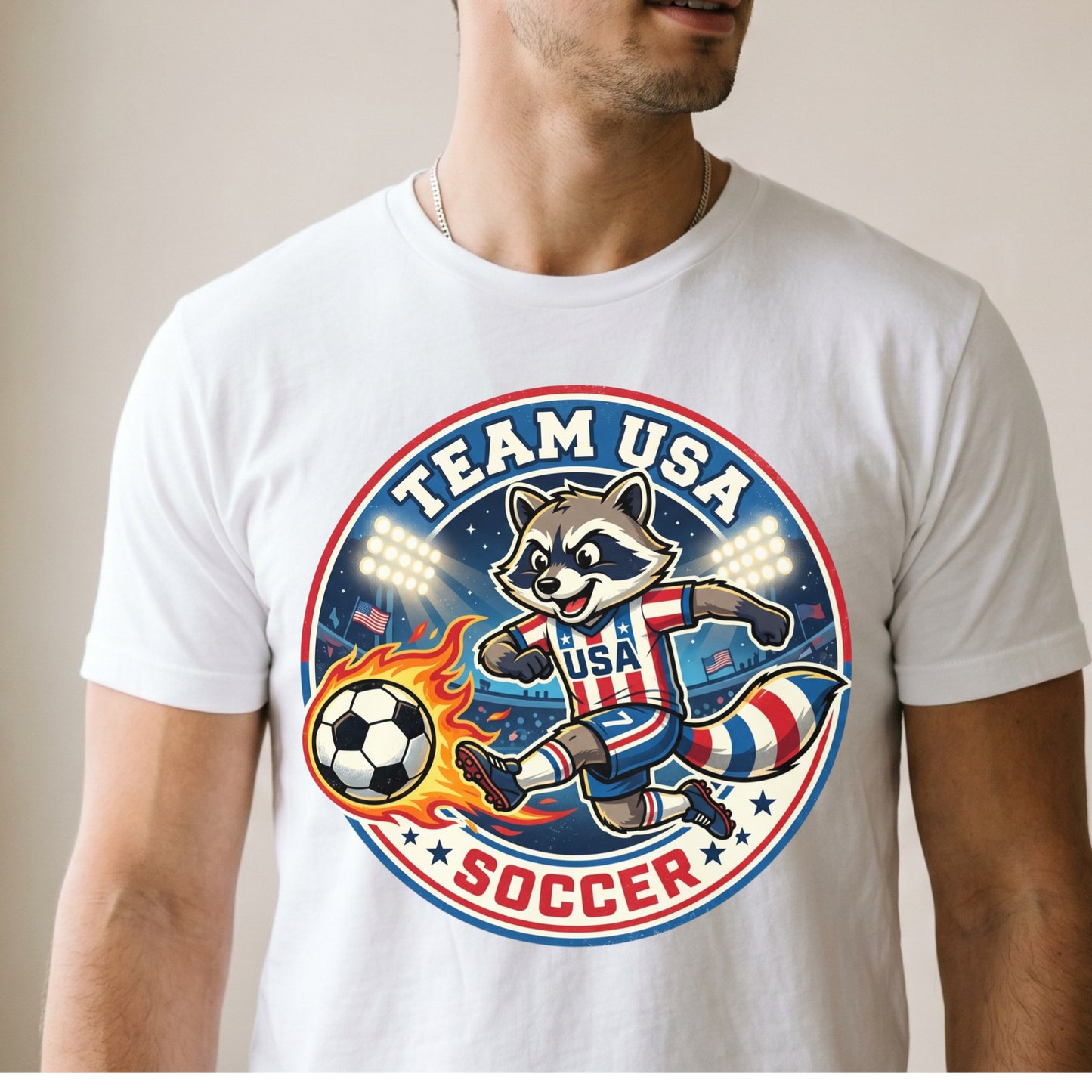 Raccoon USA Soccer T-Shirt — Retro Sports Badge