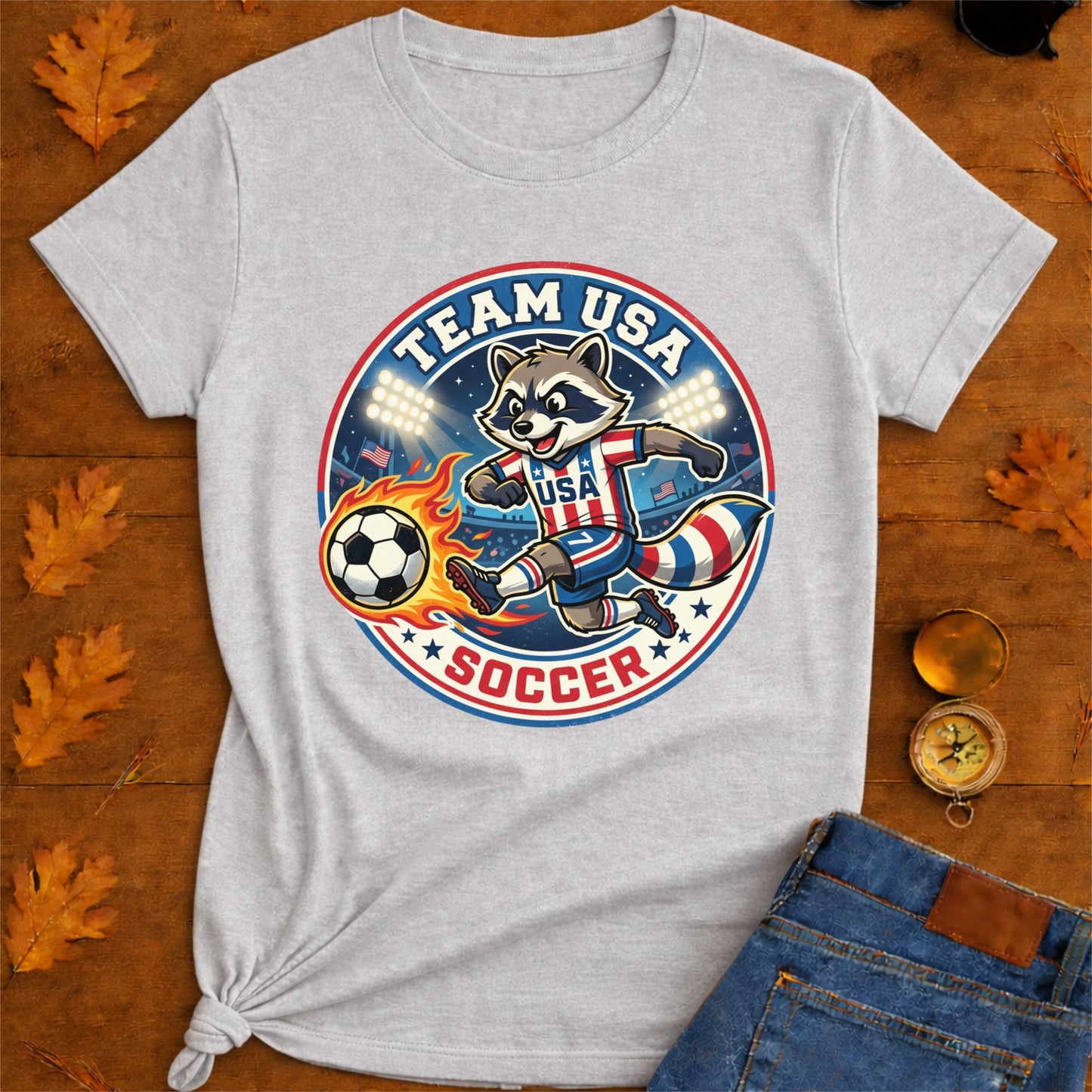 Raccoon USA Soccer T-Shirt — Retro Sports Badge