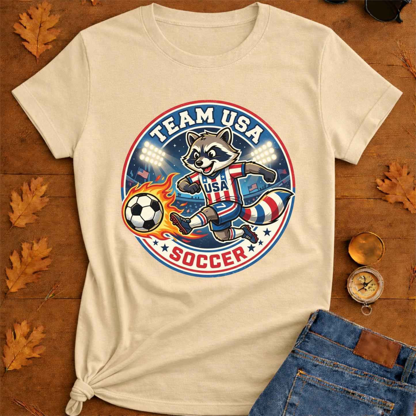 Raccoon USA Soccer T-Shirt — Retro Sports Badge