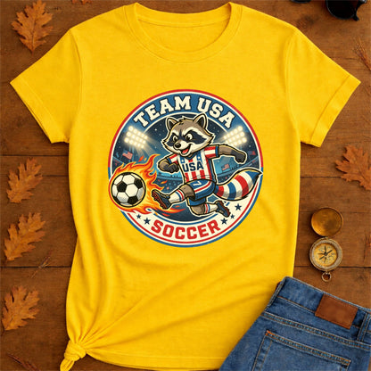 Raccoon USA Soccer T-Shirt — Retro Sports Badge