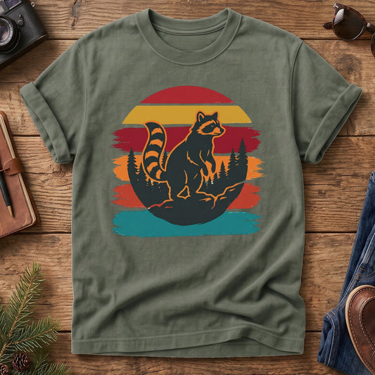 Raccoon Wilderness Adventure Tee – close-up of the wilderness raccoon print detail