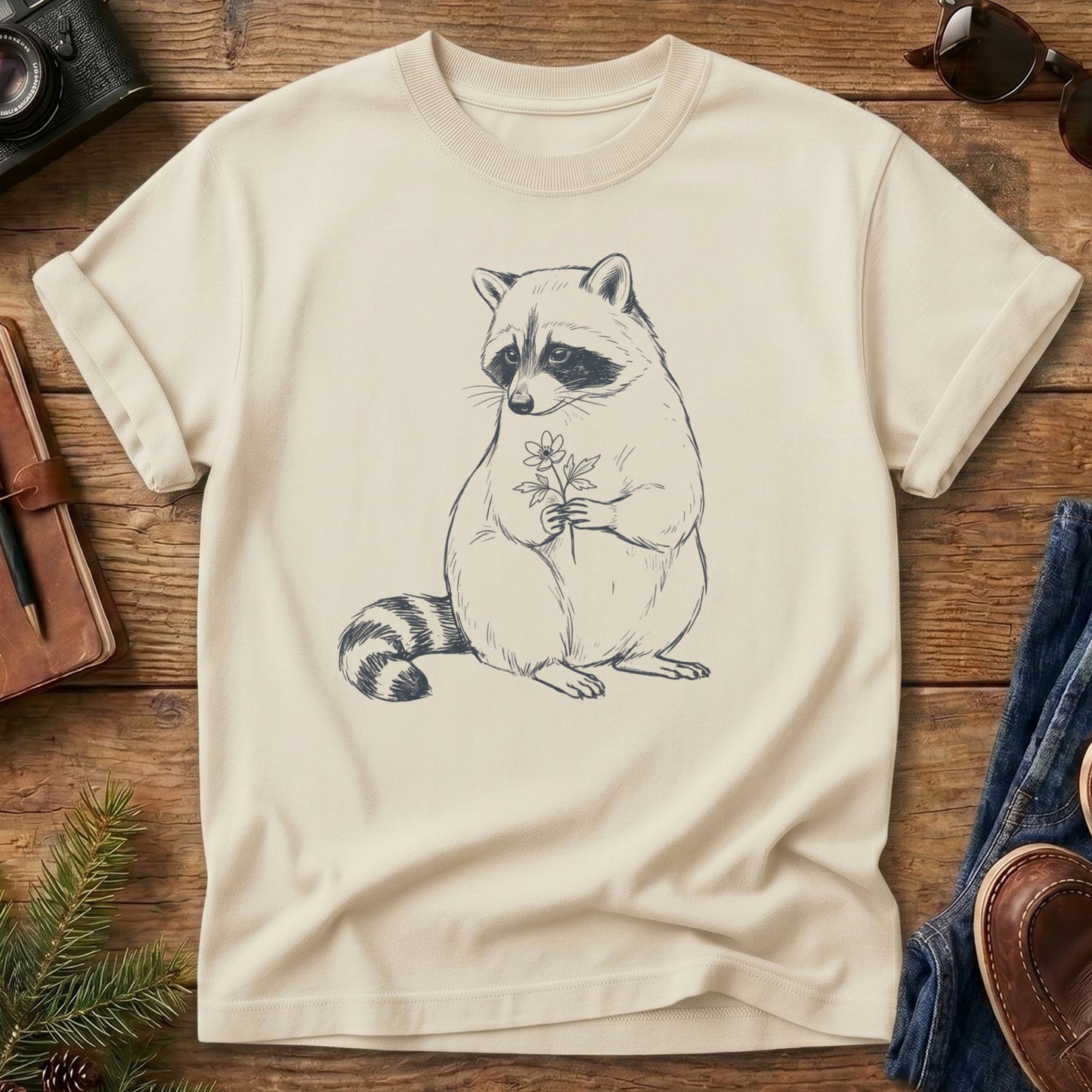 Raccoon Wilderness Tee in Ivory — hand-sketched raccoon holding a wildflower