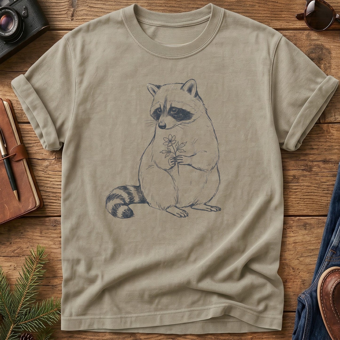 Raccoon Wilderness Tee in Khaki — hand-sketched raccoon holding a wildflower
