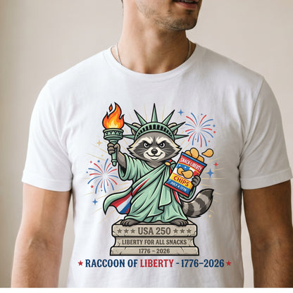 Raccoon of Liberty T-Shirt — "RACCOON OF LIBERTY 1776–2026" Patriotic