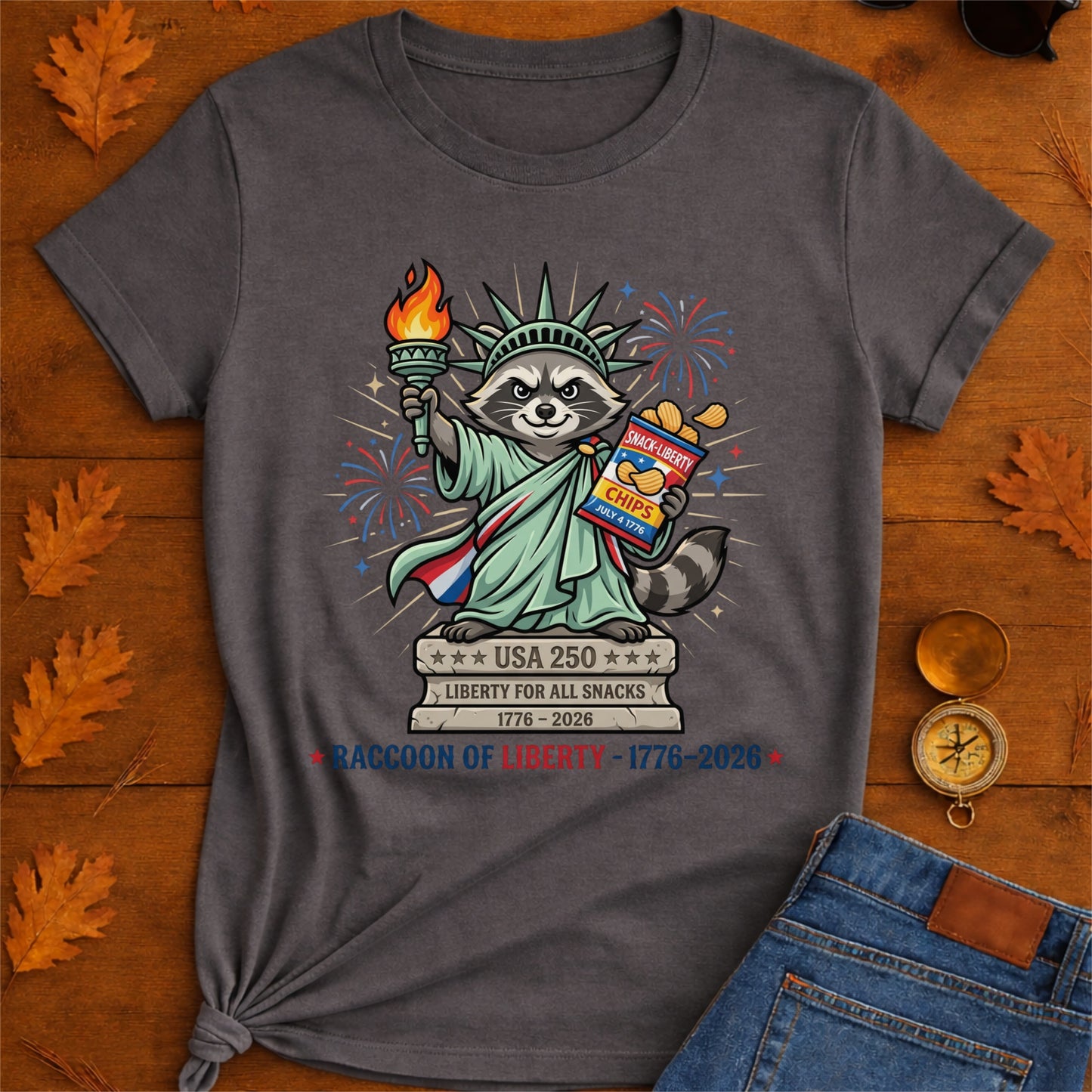 Raccoon of Liberty T-Shirt — "RACCOON OF LIBERTY 1776–2026" Patriotic