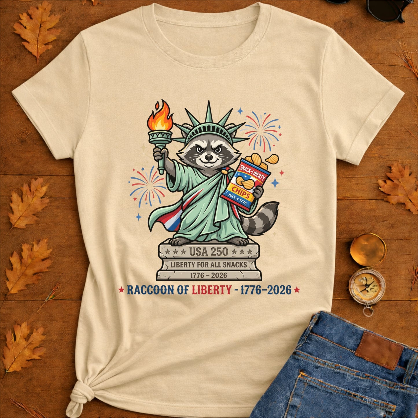 Raccoon of Liberty T-Shirt — "RACCOON OF LIBERTY 1776–2026" Patriotic