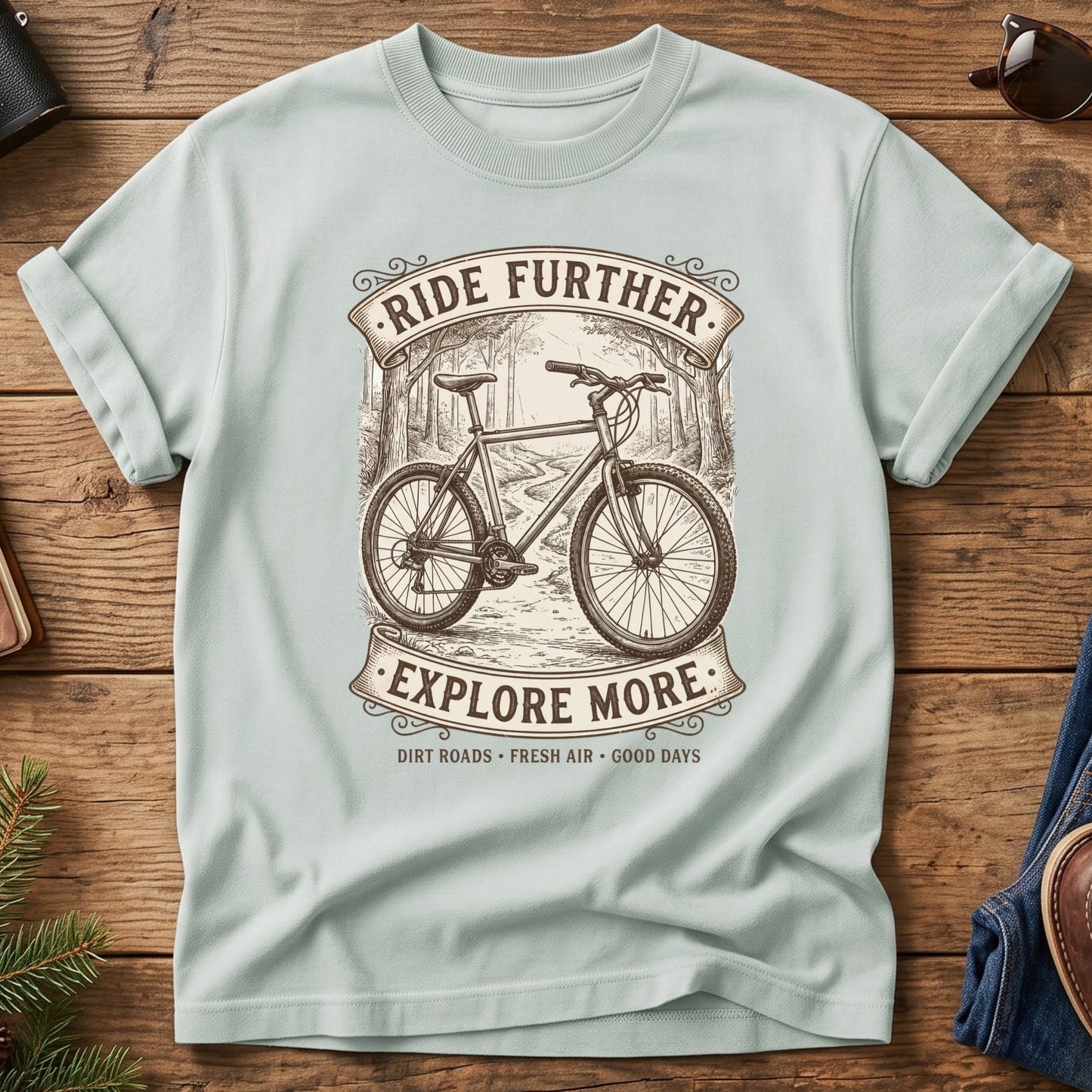 Ride Further, Explore More Tee in Bay — vintage mountain bike badge graphic