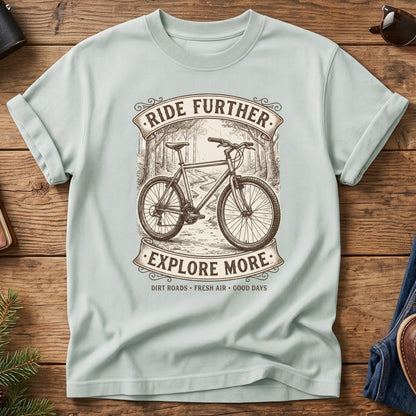 Ride Further, Explore More Tee in Bay — vintage mountain bike badge graphic