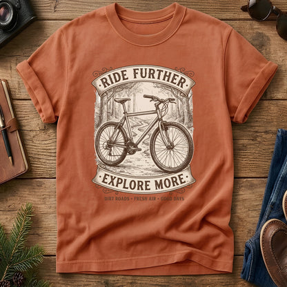 Ride Further, Explore More Tee in Yam — vintage mountain bike badge graphic