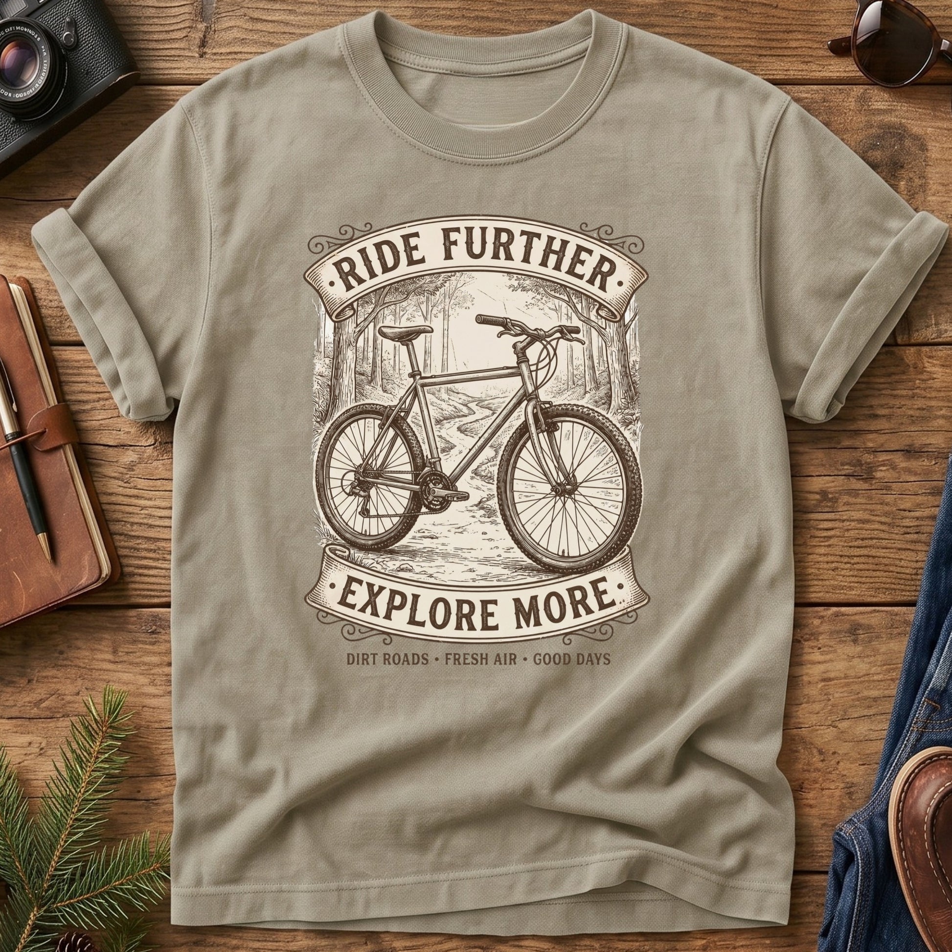 Ride Further, Explore More Tee in Khaki — vintage mountain bike badge graphic