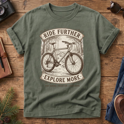 Ride Further, Explore More Tee in Moss — vintage mountain bike badge graphic