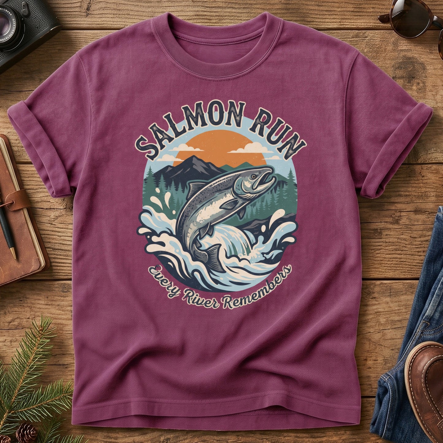 Salmon Run Tee – salmon run graphic tee in Berry, product photo 2