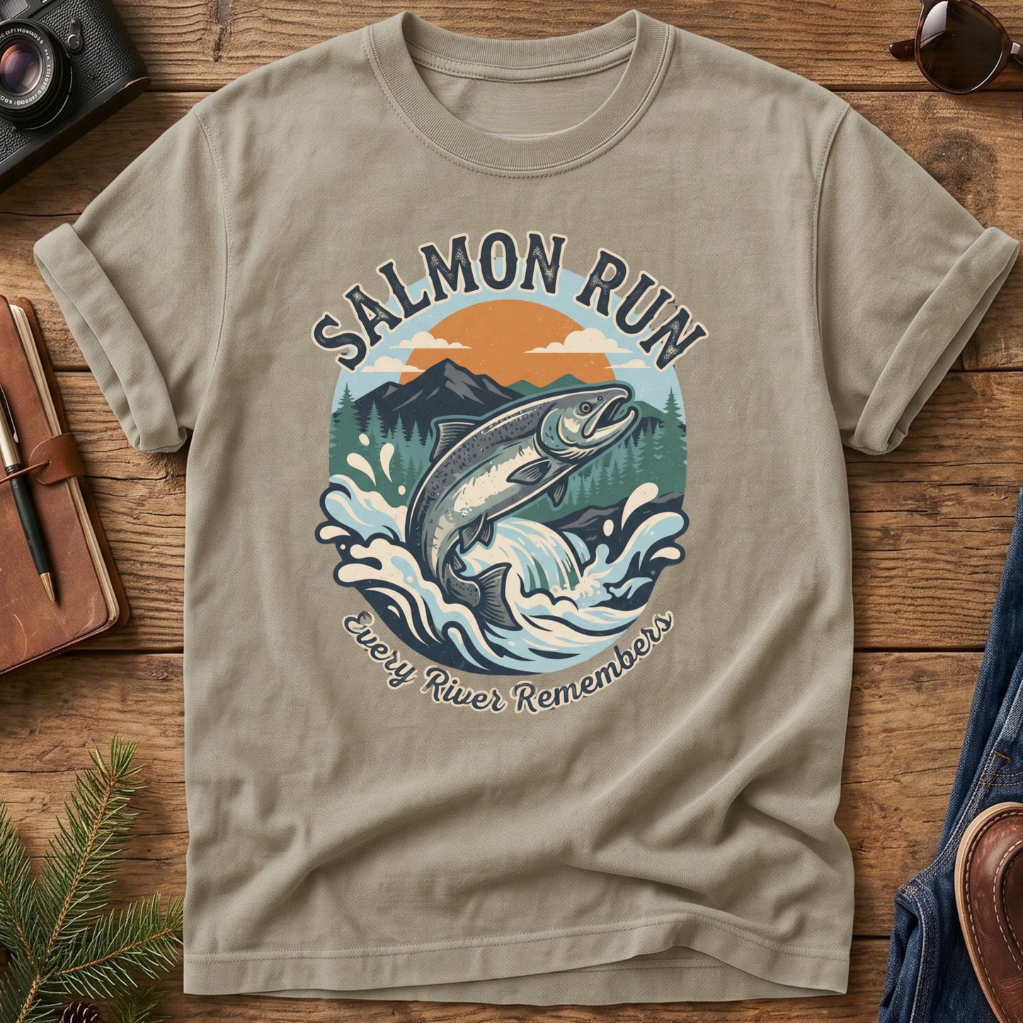 Salmon Run Tee – salmon run graphic tee in Khaki, product photo 3