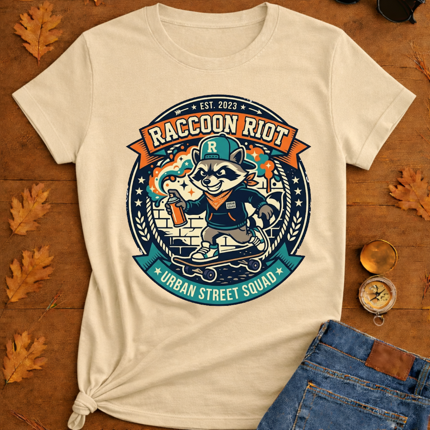 Raccoon Skate Crew T-Shirt — "R" Streetwear Badge Graphic