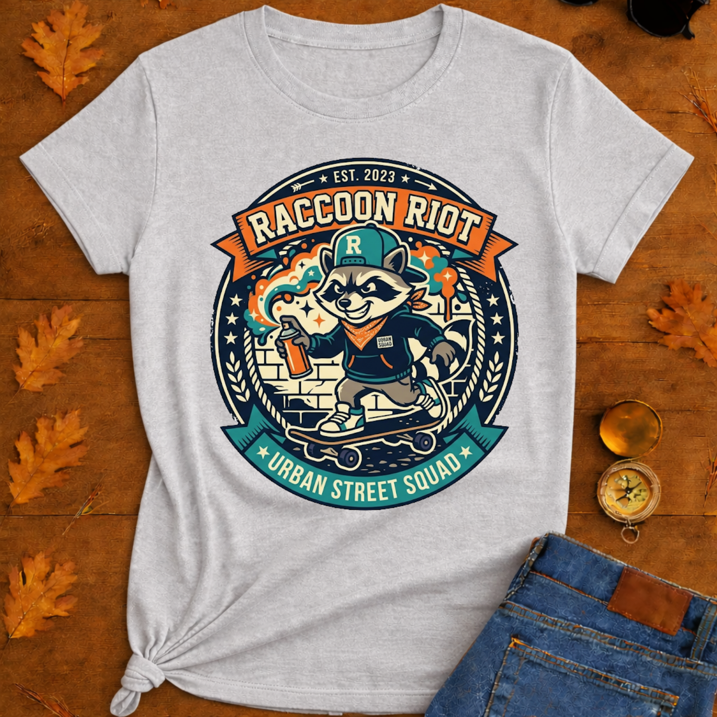 Raccoon Skate Crew T-Shirt — "R" Streetwear Badge Graphic