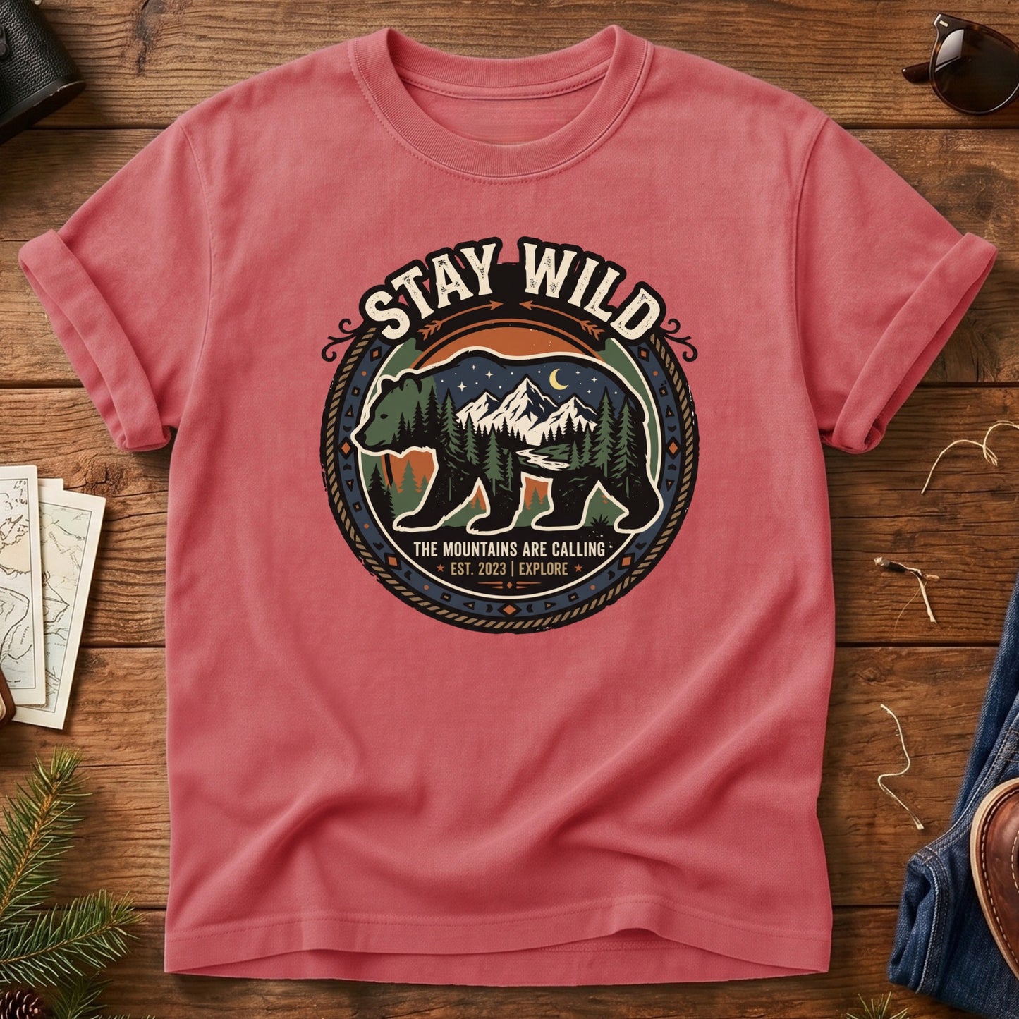 Stay Wild Tee – bear and mountain badge graphic tee, product photo 4